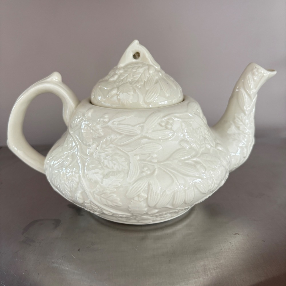 Embossed Botanical Ceramic Teapot Cream Off-White Leaf Berry Motif 5.5 inch